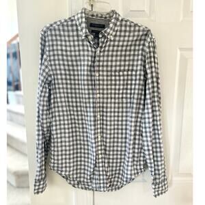 Banana Republic Camden Grey White Gingham Plaid Linen Long Sleeve Shirt